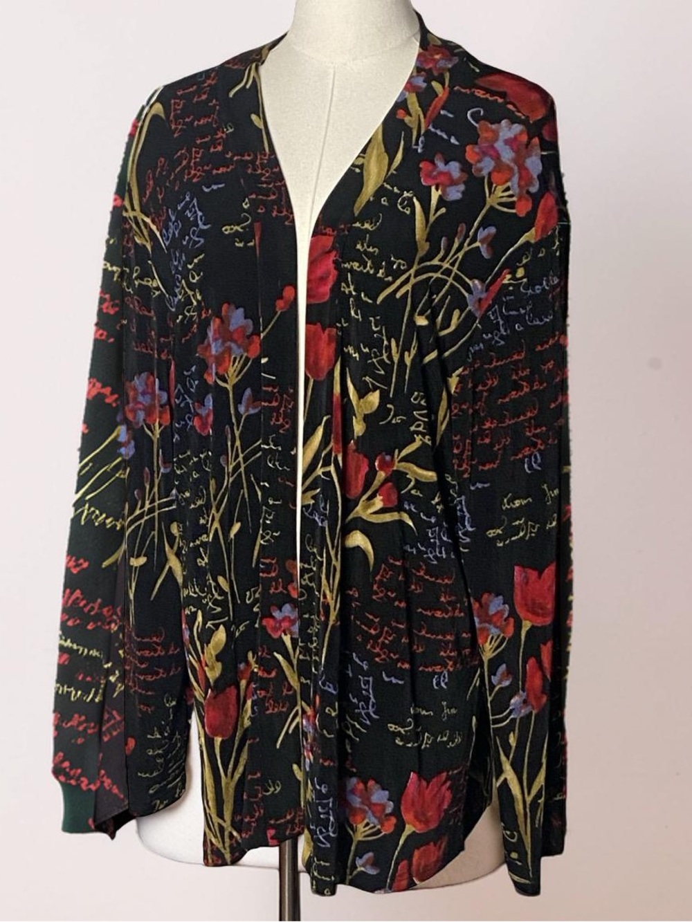 Made in Heaven Vintage Floral Script Open Front Kimono Cardigan Jacket 2X
